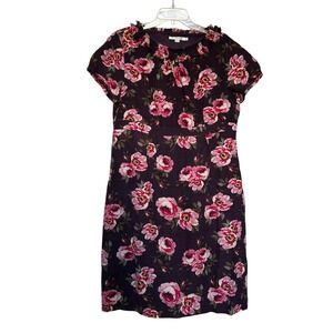 Boden Wool Floral Dress Purple Pink Roses Knee Length Ruffle Neck Sz 14